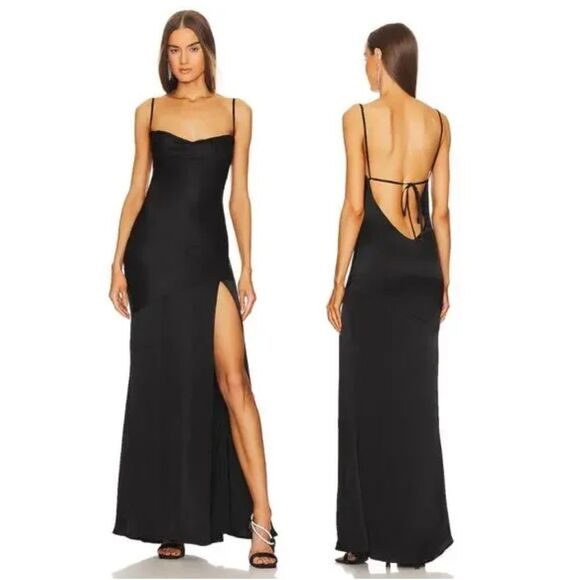 Michael Costello x REVOLVE Cecelia Gown Cowl Neck Side Slit Satin Black Gown - Picture 1 of 7